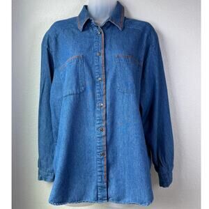 Vintage Embroidered Western Boho 100% Cotton‎ Chambray Button up Shirt Size L